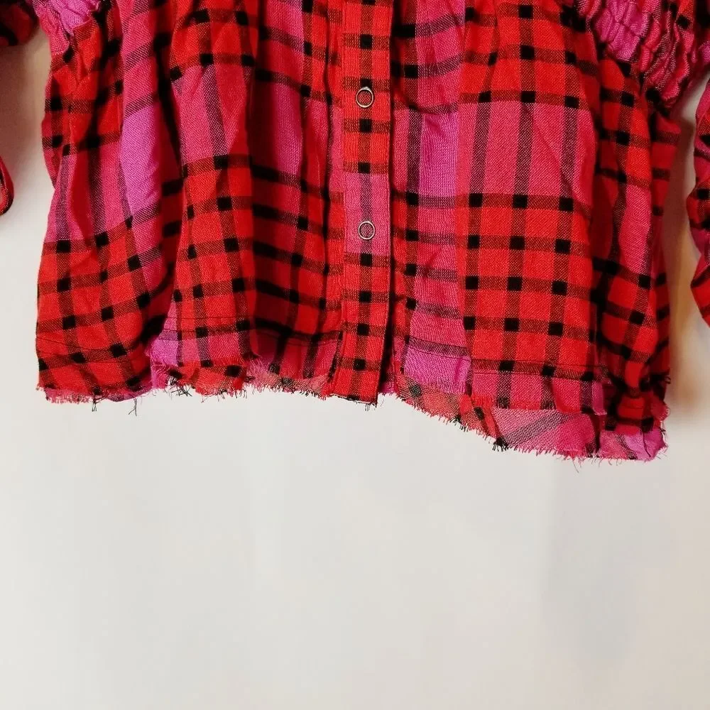 Free People We The Free Red Combo Pacific Dawn Button Down Plaid Shirt Sz‎ M NWT